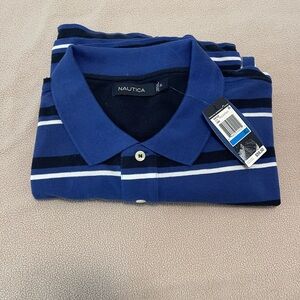 Nautica Blue Polo Shirt with Classic Striped Pattern and Traditional Collar